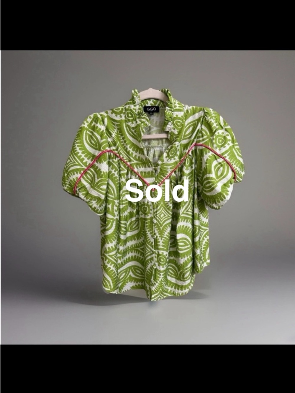 SOLD- No longer available Gigi C Green & White Printed Puff Sleeve Blouse